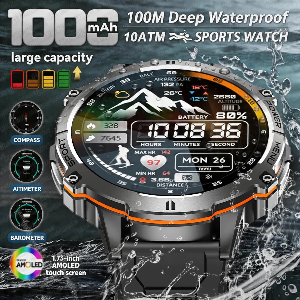 Nuovo Smartwatch Sportivo Militare da Uomo, Batteria 1000mAh, Impermeabile 10ATM, AMOLED, Bussola, Altimetro, Chiamate Bluetooth, Fitness
