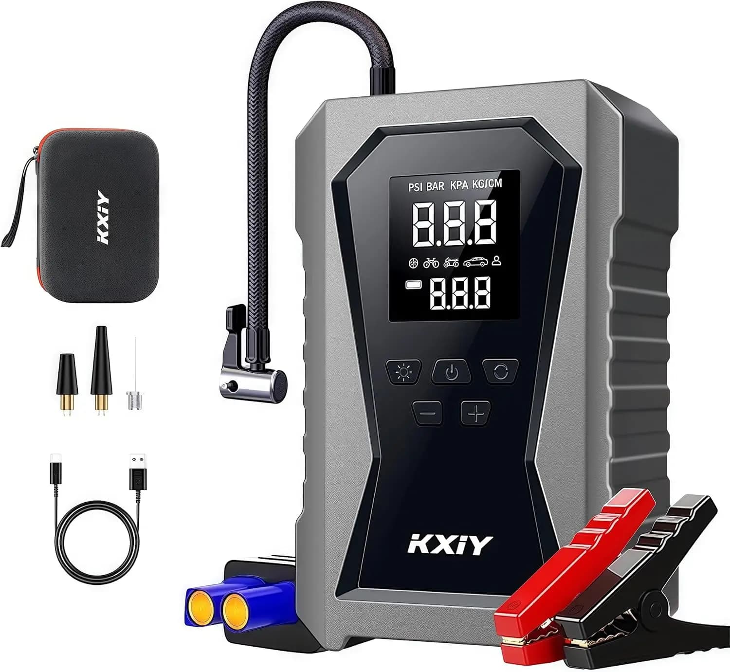 Avviatore portatile con salto ad aria da 1500 A con gonfiatore per pneumatici da 150 PSI e caricabatterie da 12 V
