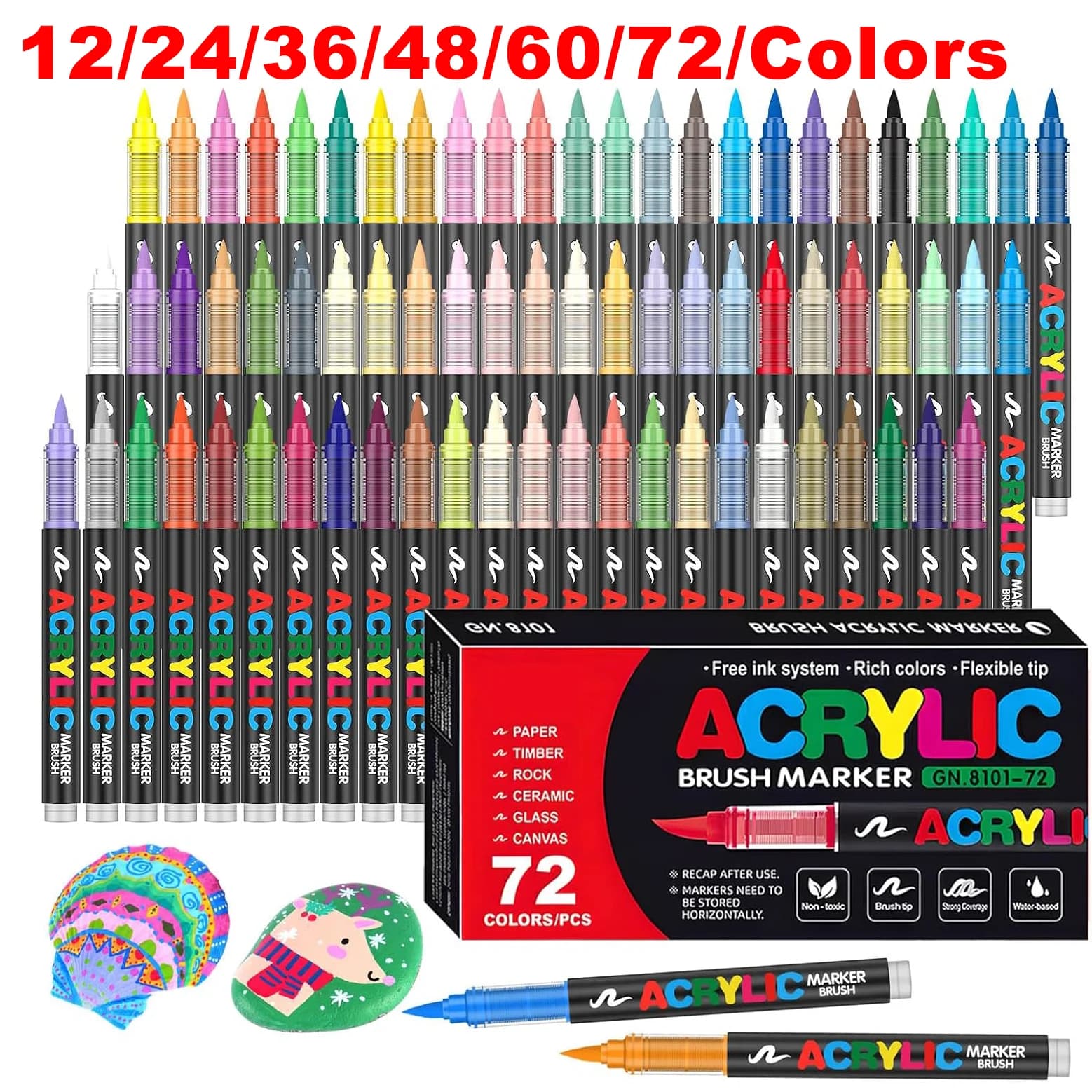 12-72 colori Pennarelli per vernice acrilica Punta del pennello Pennarelli a vernice per Pittura rupestre Legno Tela Pietra Regalo di Natale Artigianato fai da te