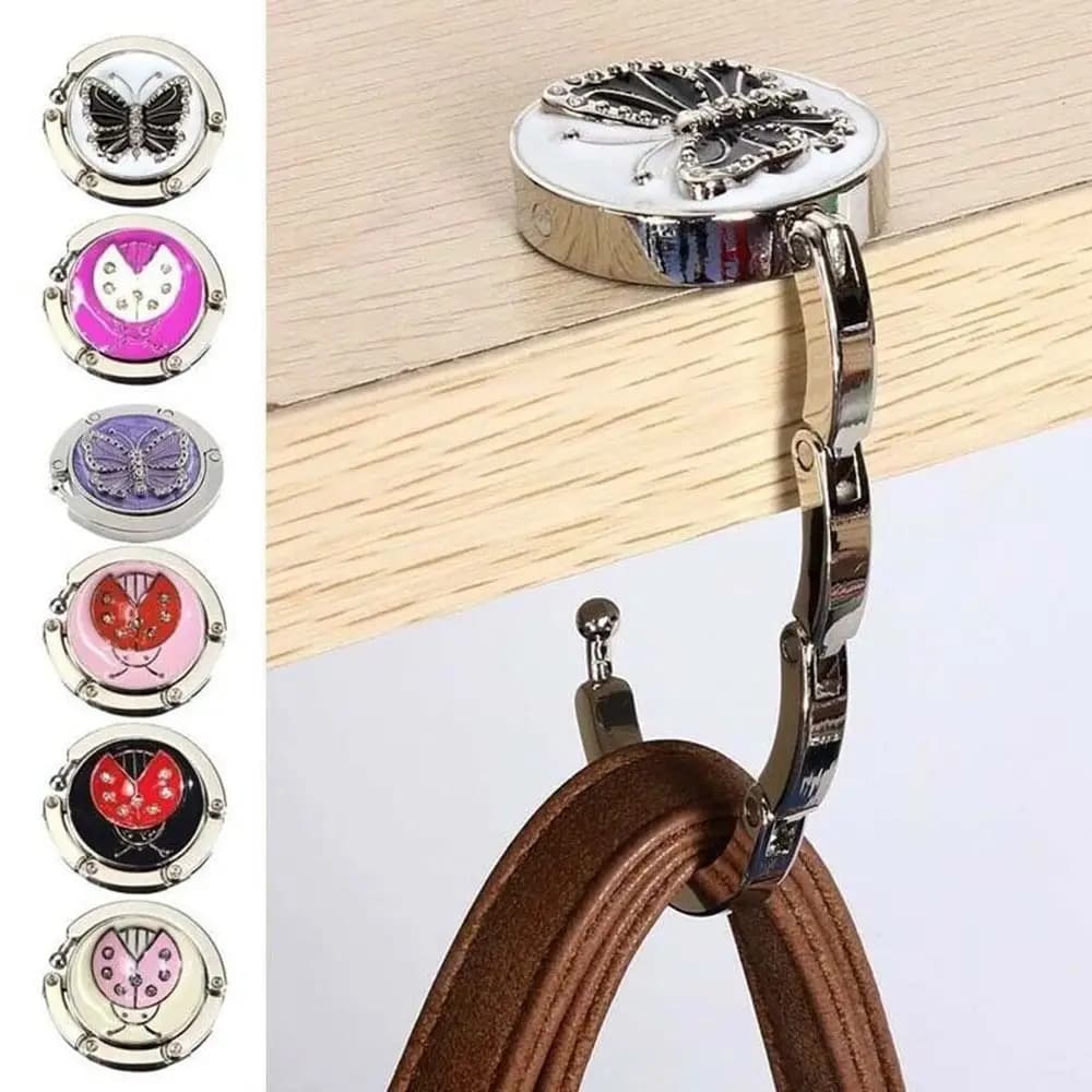 Gancio rotondo in metallo gancio titolare unico pieghevole portatile modello farfalla gancio da tavolo moda 1 pz borsa in lega di cristallo borsa a mano