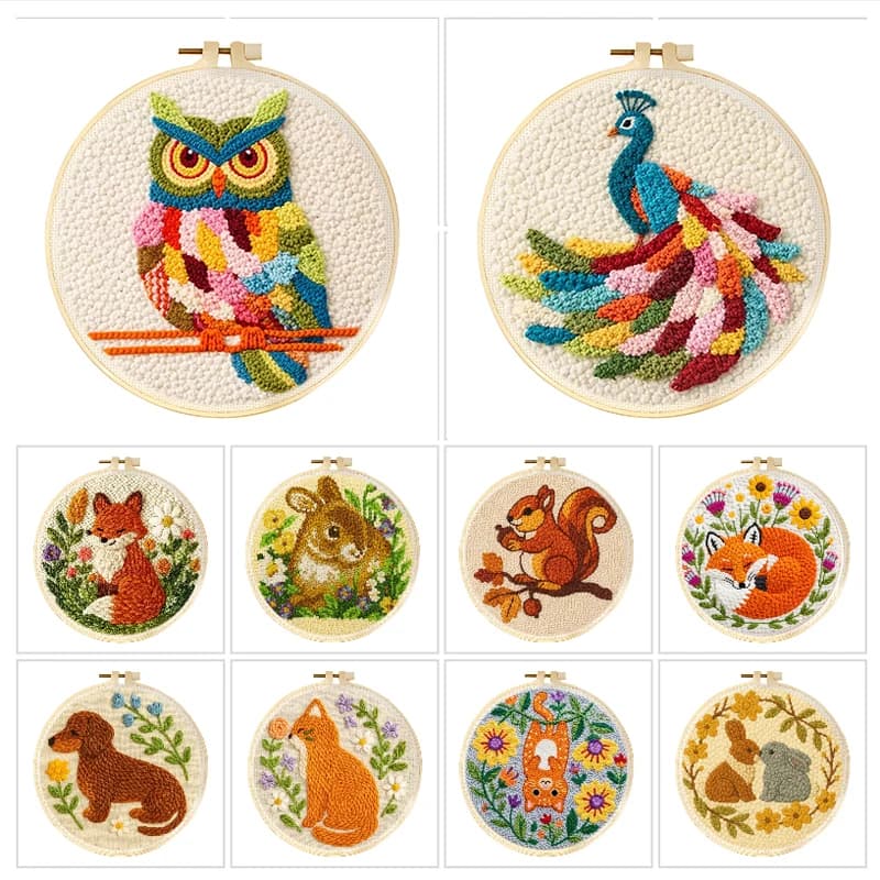 GATYZTORY Rabbit Fox Diy Needle Punch Kit For Adults Beginners Cute Animal Punch Needle Yarn Painting Embroidery Frame Decor Diy