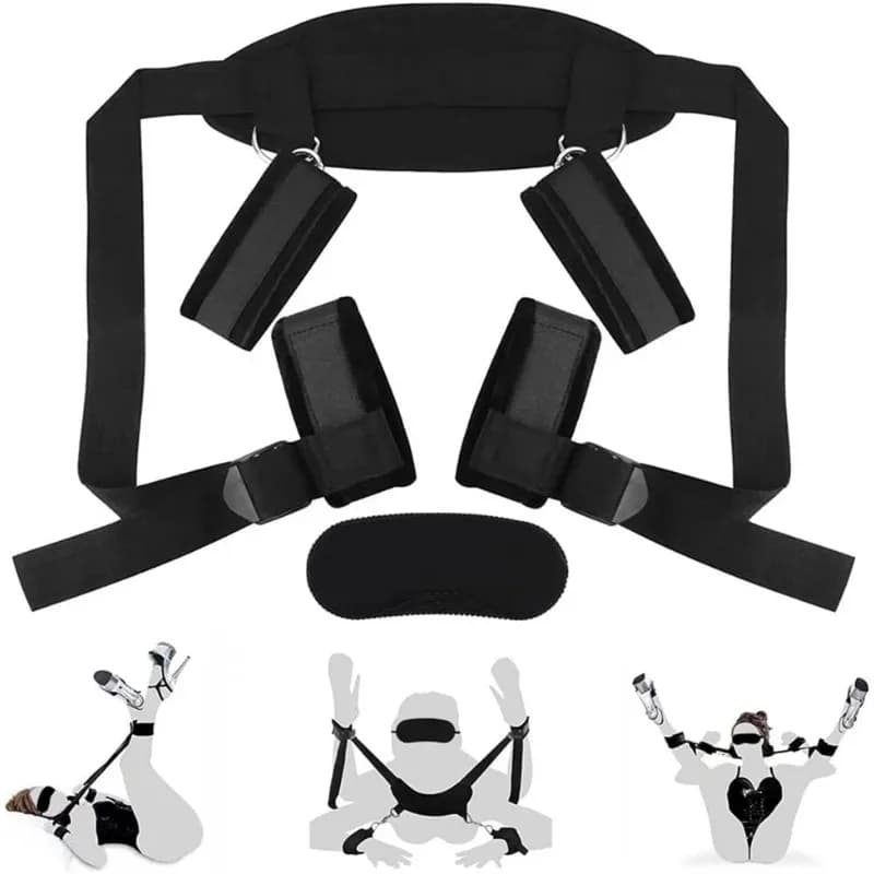 Kit BDSM Giocattoli sessuali Polso Gamba Cinturino di ritenuta Polsini imbottiti per caviglie Set per donne adulte per letto con benda sugli occhi