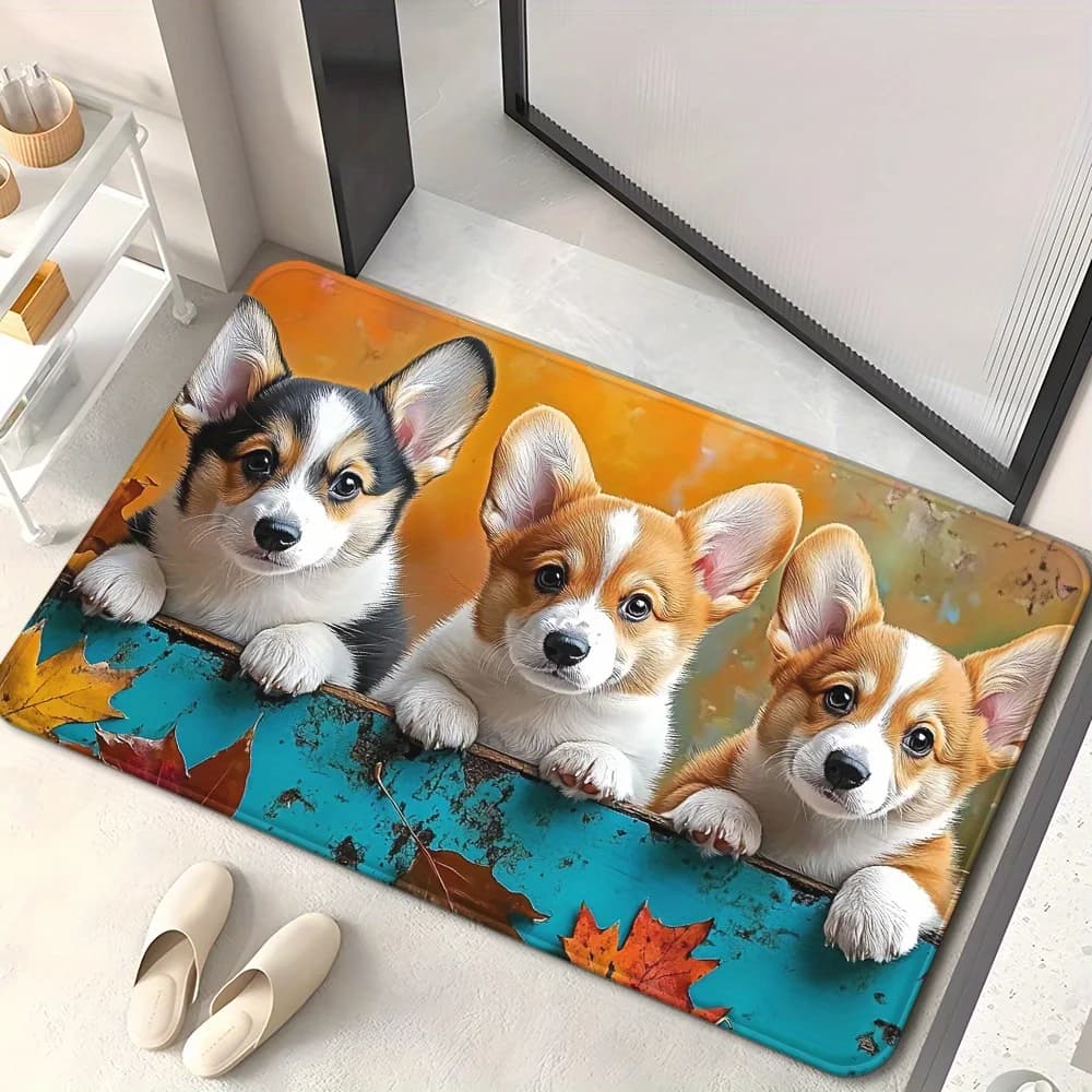 Tappeto rotondo con simpatici cuccioli di Corgi e foglie autunnali, tappetino da pavimento con tema cani giocosi, tappeto circolare lavabile antiscivolo per camera da letto e ingresso