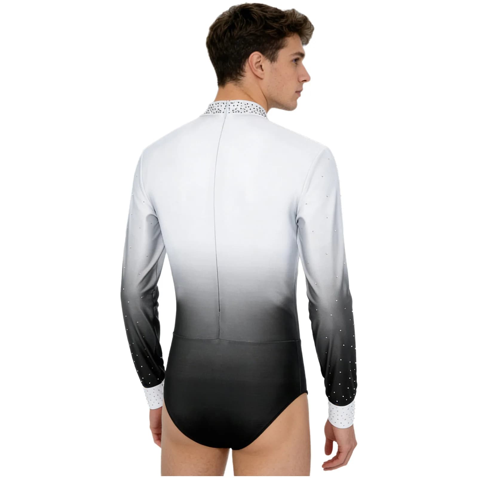 Mens Figure Skating Jumpsuit Gradient Color Gymnastics Acrobatics Yoga Costume Rhinestones Long Sleeve Ballet Dance Leotard