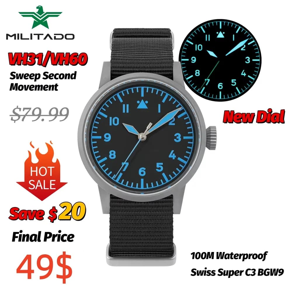 Militado ML10 V2 Quartz watch VH31 Sapphire crystal BGW9 Night light 10Bar Waterproof 36,9mm Retro Watch Men's Watches