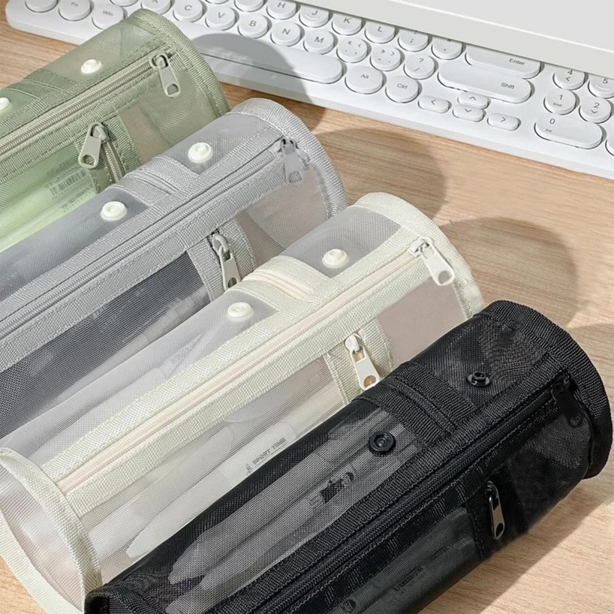 Mesh Cylindrical Pencil Case, Simple Stationery Box for High School Students, Large-Capacity Pencil Case for Students