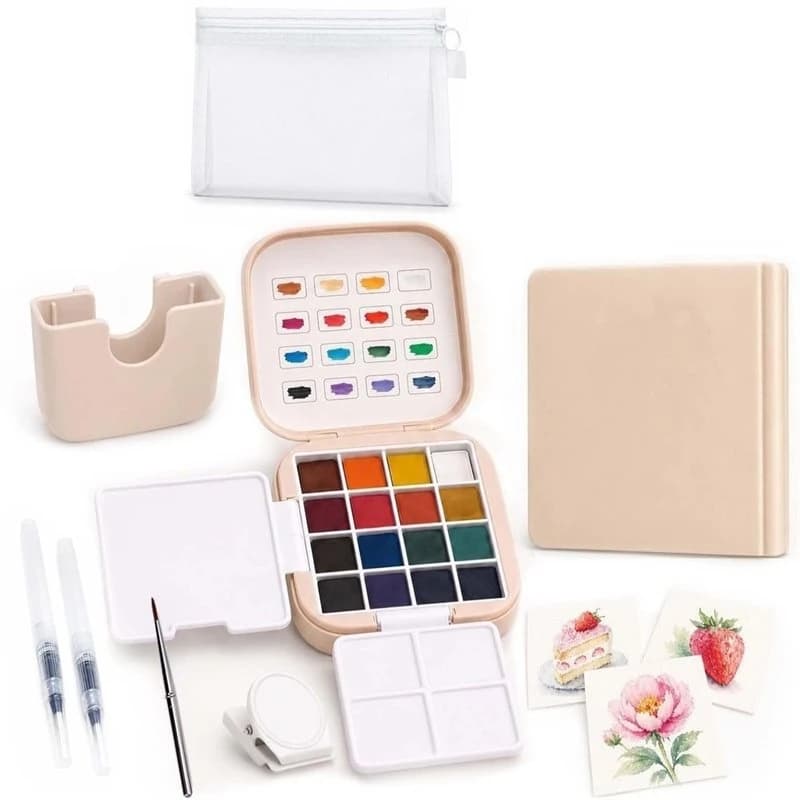 Pocket Water Color Paint Kit-For Beginners Mini Travel Watercolor Paint Set With 16 Colors, Brush, Clip& Sketchbook Best-Selling