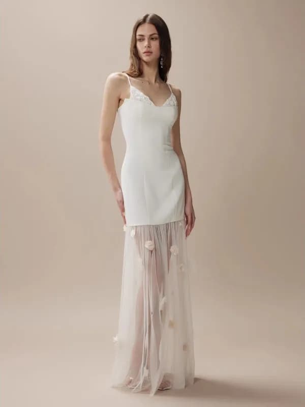 Fa Sogno White Chrysanthemum Shadow Light Dress Long Evening Gown Fashionable Mid-Waist A-Line Skirt Wedding Party Dress