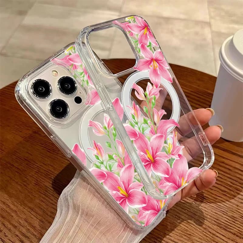 Sweet Pink Lily Flower Phone Case For iPhone 17 Air 15 14 16 Pro Max 17 13 12 11 Pro Max 16E 17E Plus Magnetic Back PC Cover