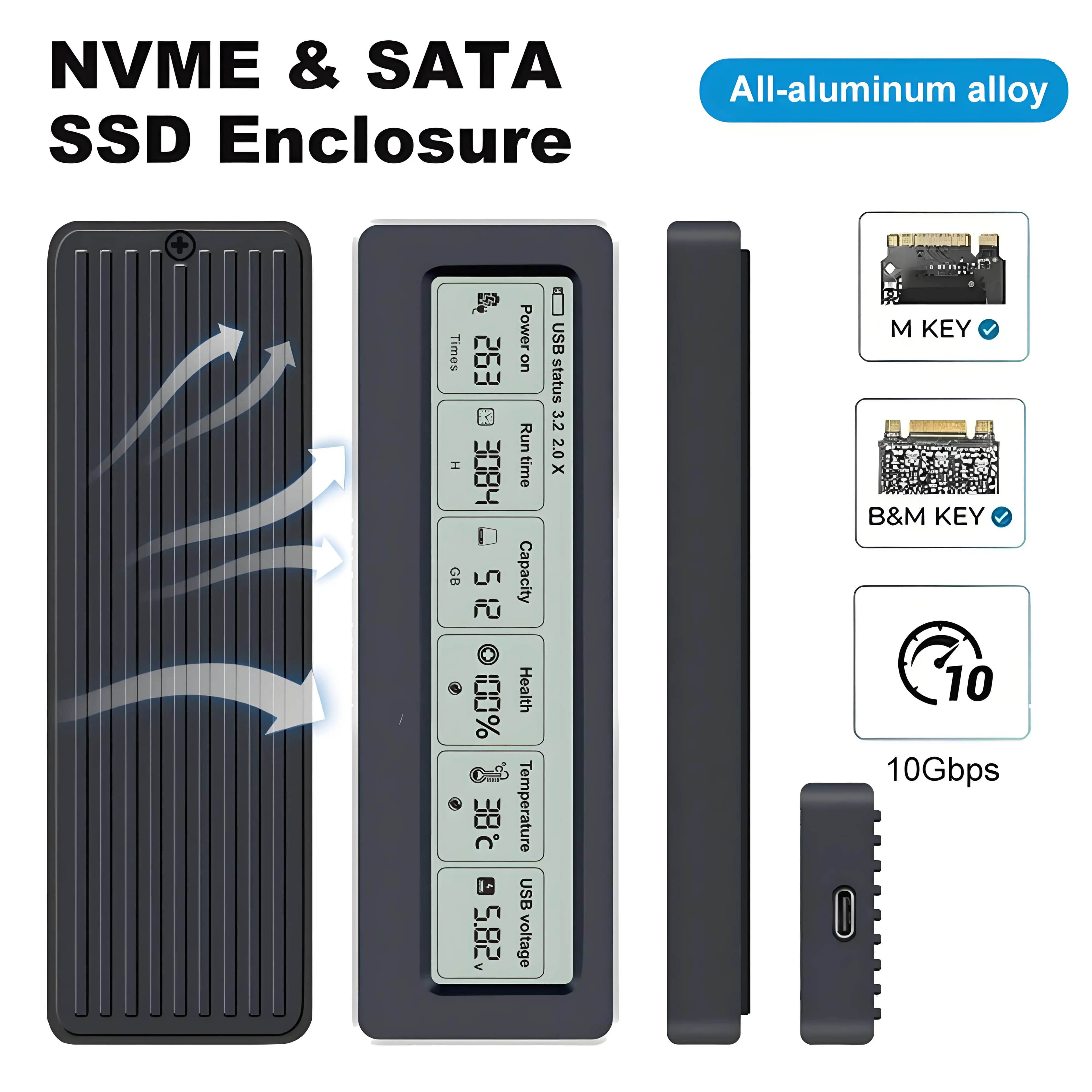 Custodia SSD M.2 Adattatore per custodia SSD NVMe SATA Custodia esterna interamente in lega di alluminio 10 Gbps USB 3.2 Gen2 USB C con schermo di visualizzazione