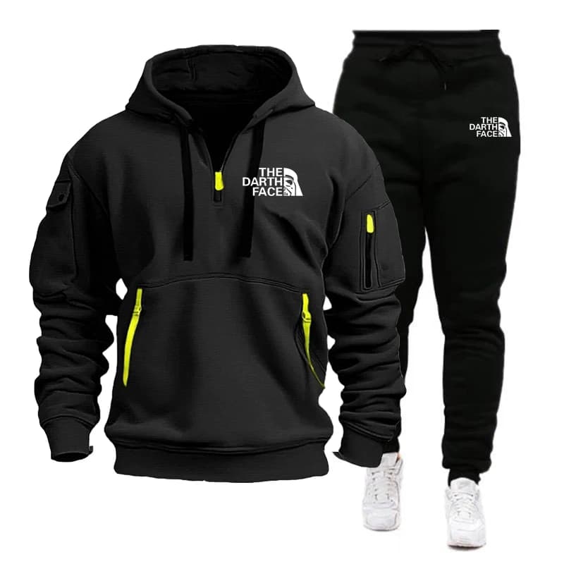 Set sportivo da uomo con cappuccio e colletto a mezza zip, con motivo stampato, e pantaloni larghi e comodi con cintura in vita.