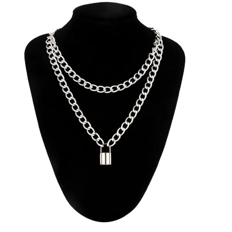 Collana punk da uomo e da donna con catena spessa esagerata, direttamente dal produttore, design personalizzato, ciondolo a lucchetto multistrato.
