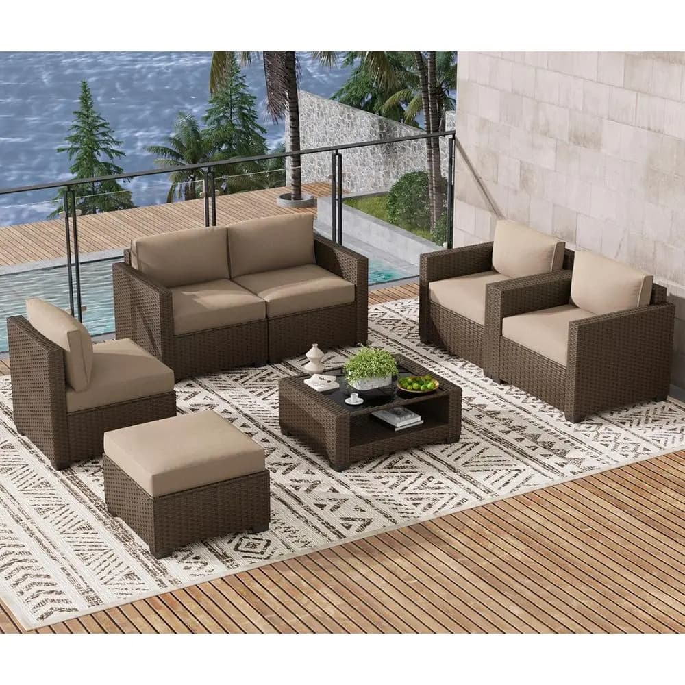 Set di mobili da giardino da 7 pezzi con sedie in rattan, tavolo in vetro e divano componibile in vimini con cuscini (marrone-camel, 2 posti)