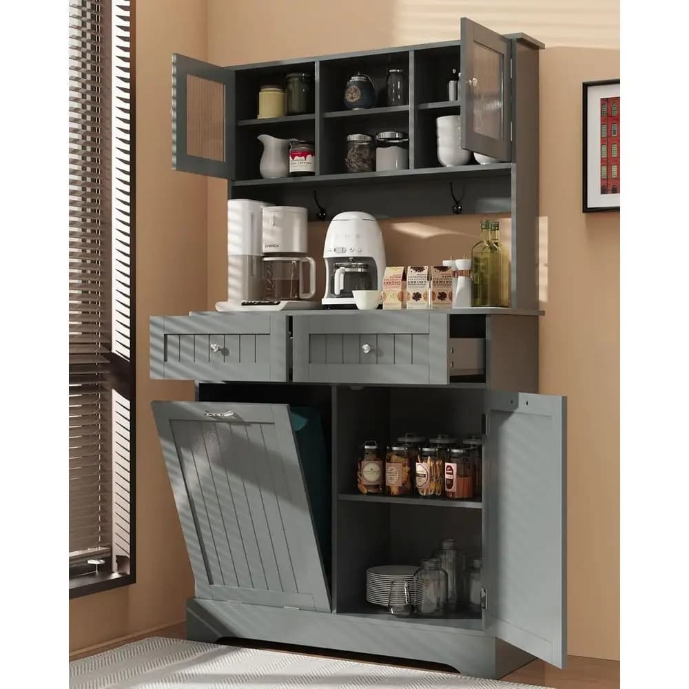 Mobile da Cucina in Legno Grigio per Rifiuti e Riciclaggio con Contenitore Nascosto
