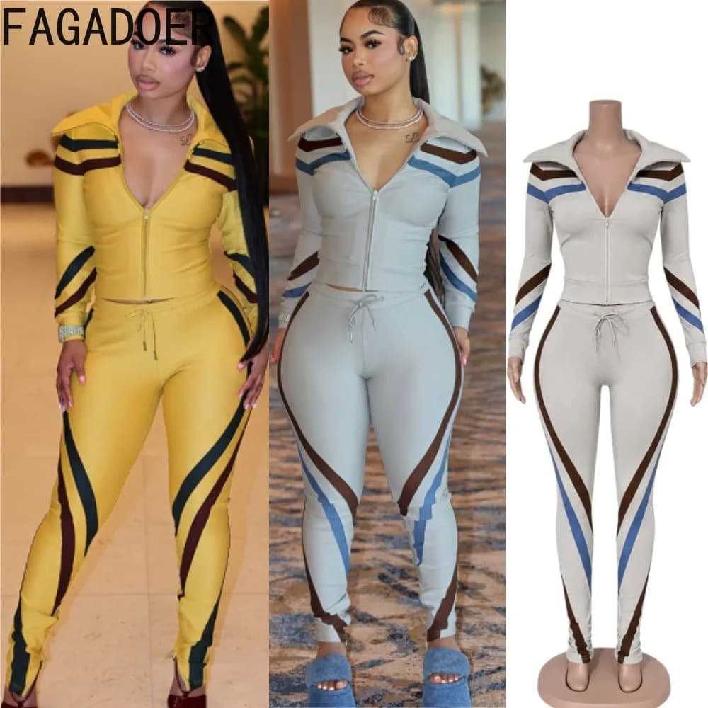 FAGADOER Women 2 Piece Tracksuit Color Patchwork Striped Zipper Crop Jacket High Waist Slit Pants Set Casual Streetwear Outfits