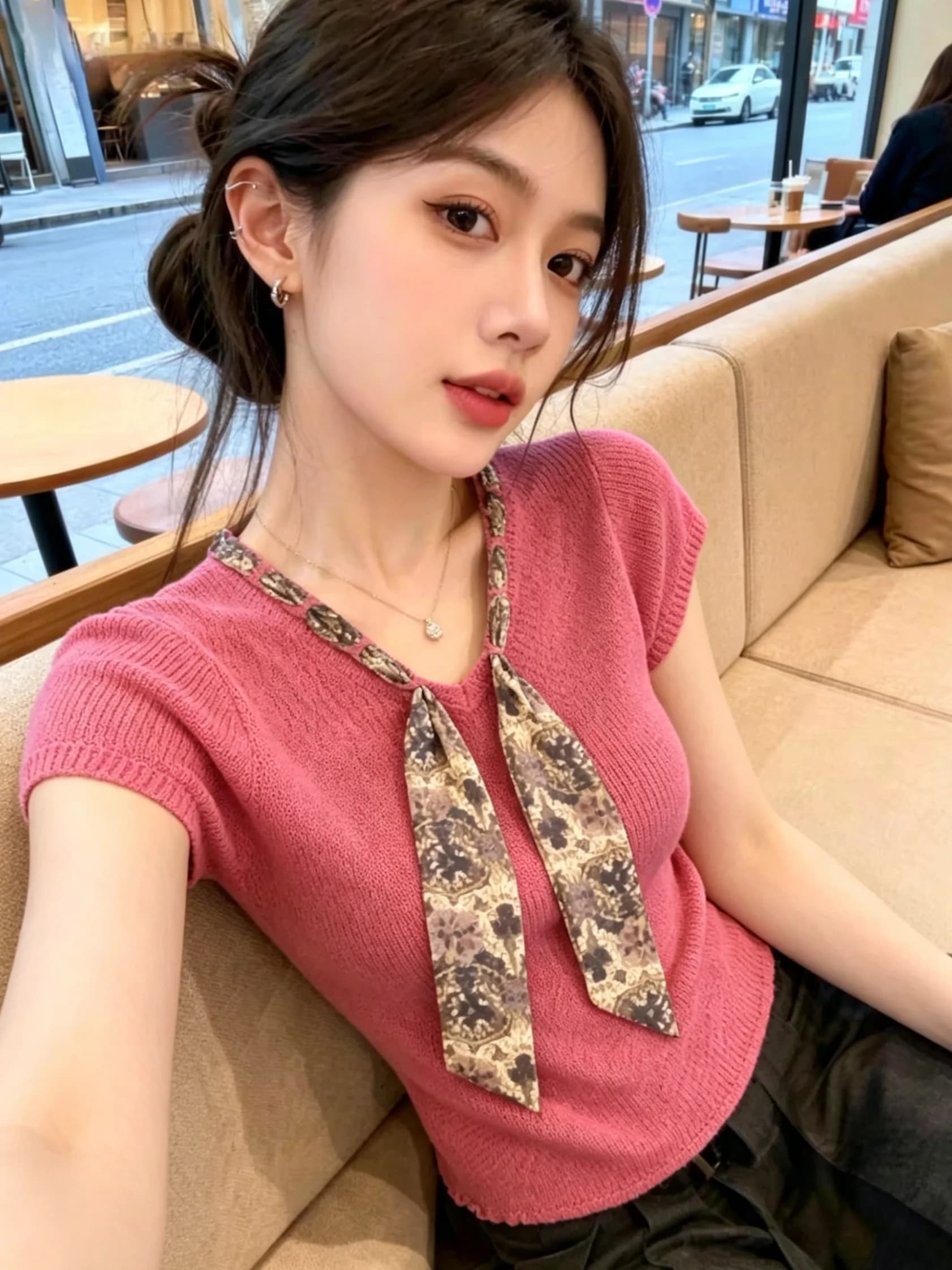 Sweet Style Silk Scarf V-Neck Short Sleeve Knitted Top Women Summer New Arrival Thin Model Self-Keeping Korean Version Slim Fit
