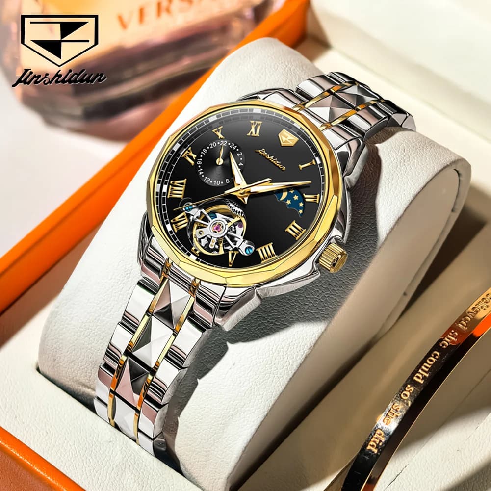 JSDUN 8937 Ladies Watches Automatic Mechanical Watch Fashion Luxury Tungsten Steel Skeleton Watch Waterproof Moon Phase Watches