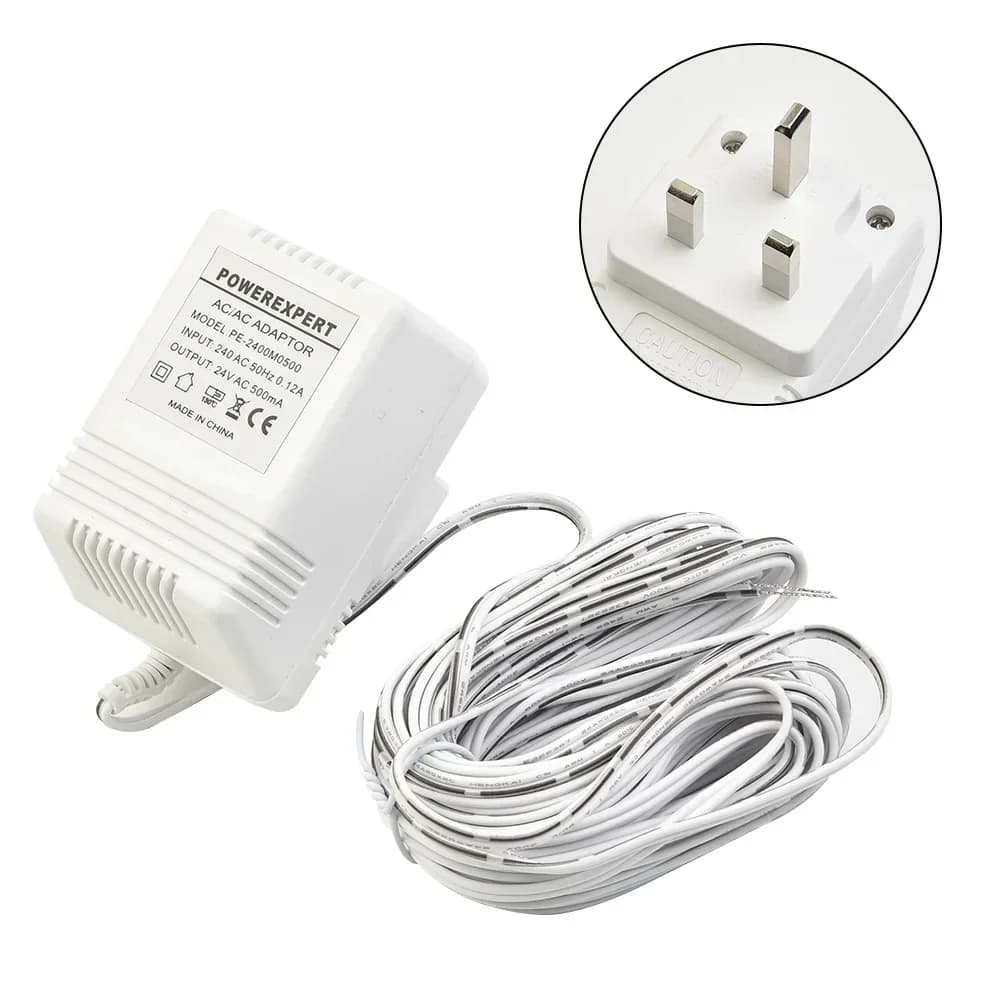 Adattatore per trasformatore per campanello 24V 500mA per alimentatore per campanello video Spina UE/Regno Unito Adattatore di alimentazione per campanello per porta Cavo da 8 m