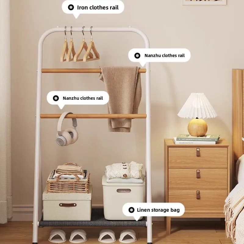 Appendiabiti da Comodino con Doppio Spazio di Stoccaggio, Altezza Regolabile, Supporto da Terra per Camera da Letto, Appendiabiti Mobile con Base Antiscivolo