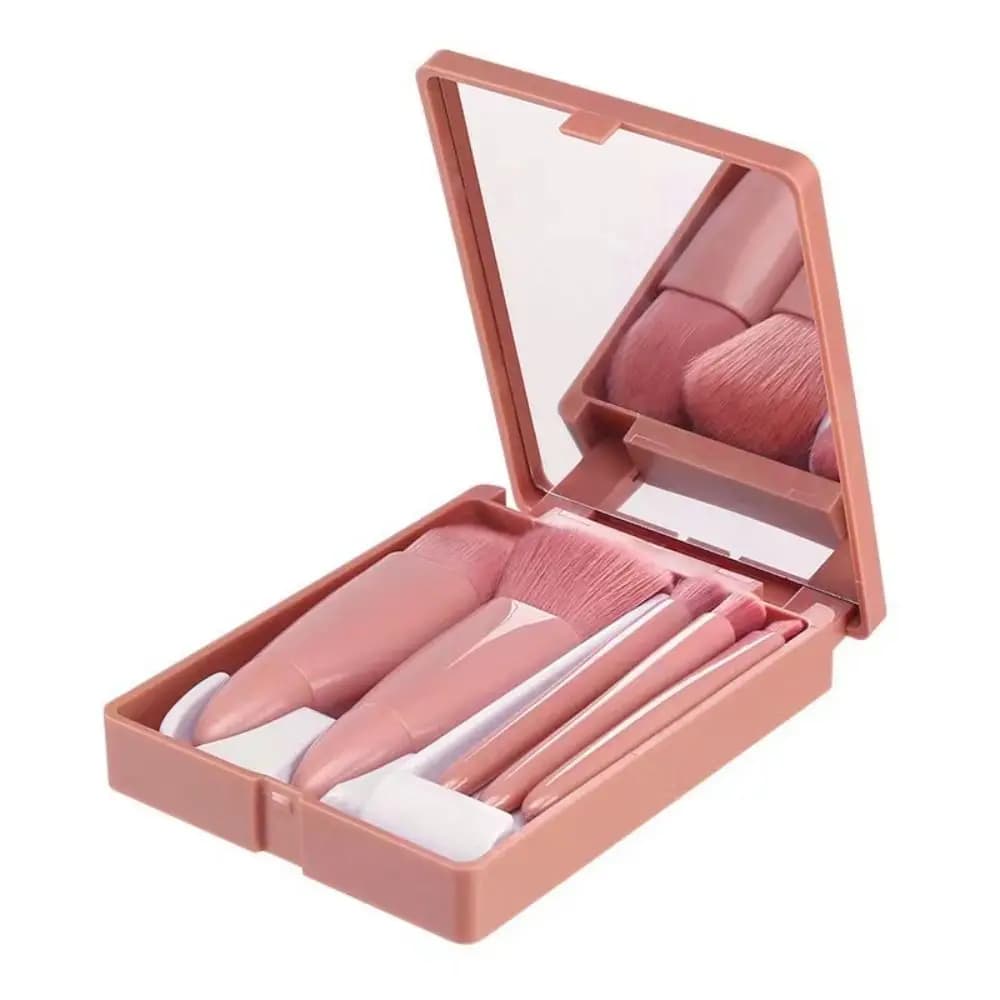 Set di 5 Pennelli per Trucco in Polvere con Specchio, Pennello per Ombretto, Pennello per Sopracciglia, Pennello per Eyeliner, Pennello per Blush in Fibra Morbida