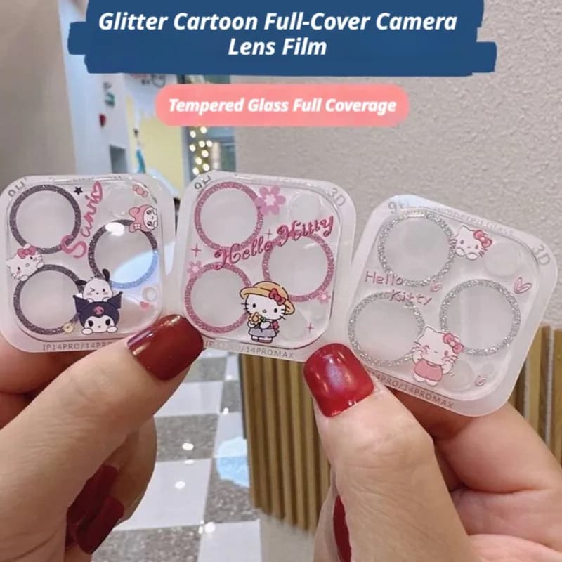 Sanrio Hello Kitty Kuromi Glitter Diamond Camera Lens Protector 9H HD Tempered Glass for iPhone 16 15 14 Pro Max 13Mini 15Plus