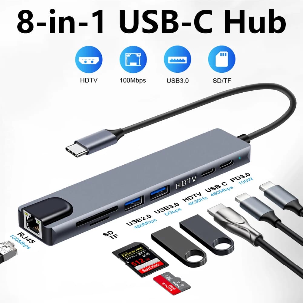 Hub USB C 8-in-1 con 4K HDTV, Ethernet 100Mbps, USB 3.0 5Gbps, USB 2.0 480Mbps, USB-C 2.0, PD 100W e Lettore SD/TF per Laptop