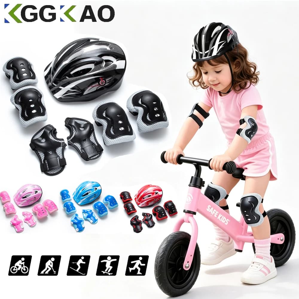 7Pcs/Set Kids Safety Helmet & Protective Gear Set, Adjustable Bike Helmet with Knee Elbow Wrist Pads for Skateboarding Cycling