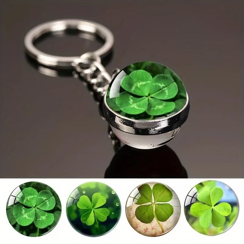 Portachiavi con quadrifoglio, portachiavi con sfera di cristallo di vetro, regalo per il giorno irlandese di San Patrizio