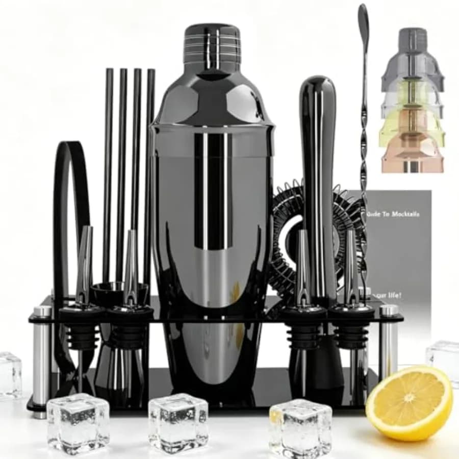 Set da Cocktail 14 Pezzi con Supporto, Kit da Barman, Shaker da 25oz, Set da Bar con Shaker, Jigger per Kit da Barman, D