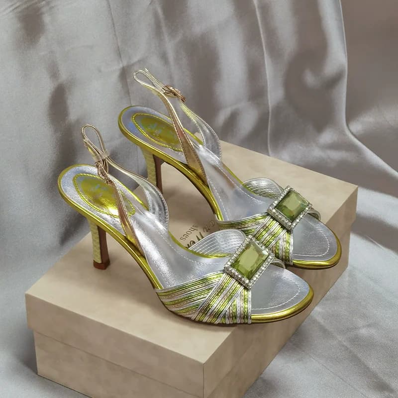 Summer new round-headed fish mouth patent leather ribbon crystal sandals banquet dress thin-heeled high-heeled women's shoes