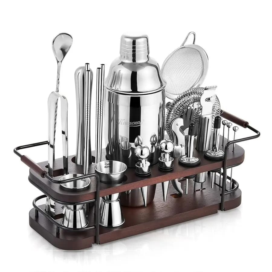 Set da Cocktail Professionale con Supporto, Kit Barman Completo da 24 Pezzi con Tutti gli Accessori da Bar, Shaker per Martini, Jigger