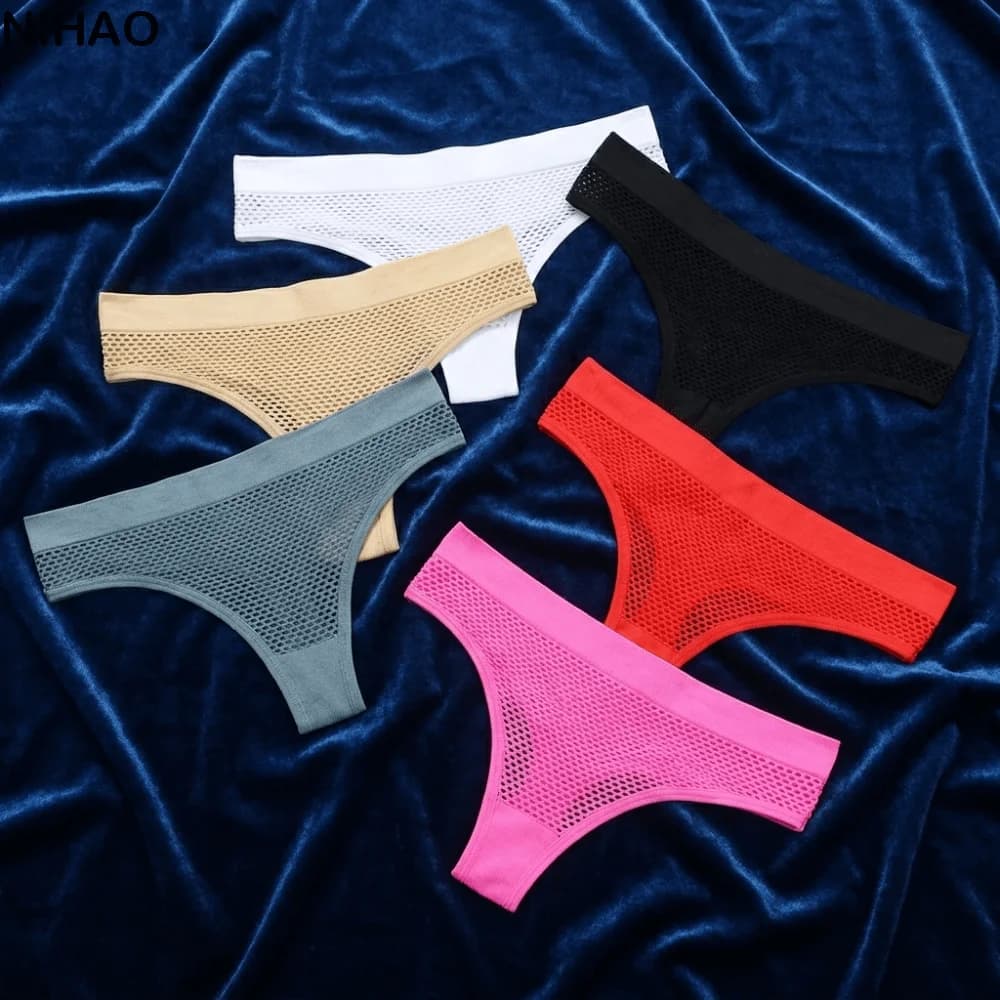 Fashion Low Waist Mesh Thongs Traceless Solid Color Sheer Briefs Underpants Breathable T-back Panties Underwear