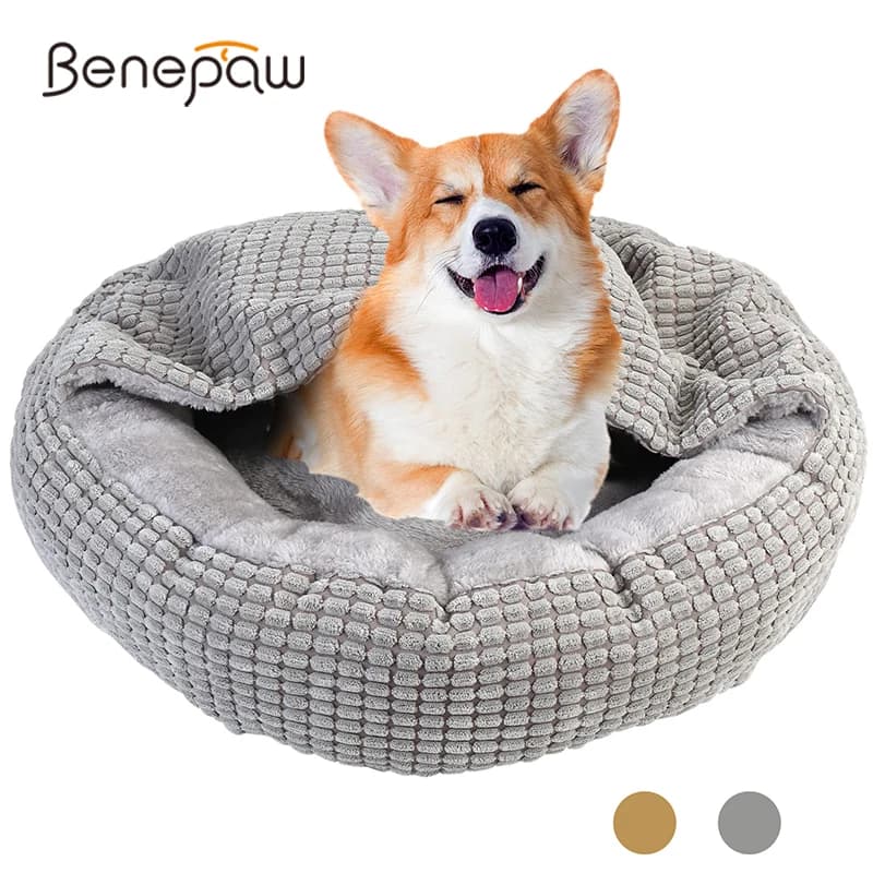Benepaw Accogliente Letto per Cani Con Cappuccio Soffice Ortopedico Rotondo Ciambella Pet Cuddler Ansia Letto Calmante Lavabile Morbido Antiscivolo Cucciolo di Gatto Grotta