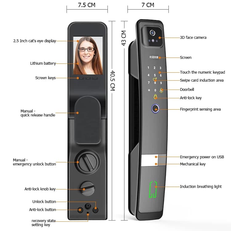 Serratura Elettronica Intelligente per Cancello Principale con Riconoscimento Facciale 3D, Impronte Digitali, Palmo e Scanner Oculare