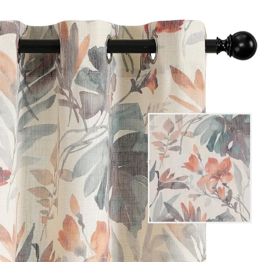 Floral Curtains Lengths 84 Inches, Cotton Curtains Printed with Eyelets for Living Room and Bedroom, Flapping Curtains Style Linen Burla