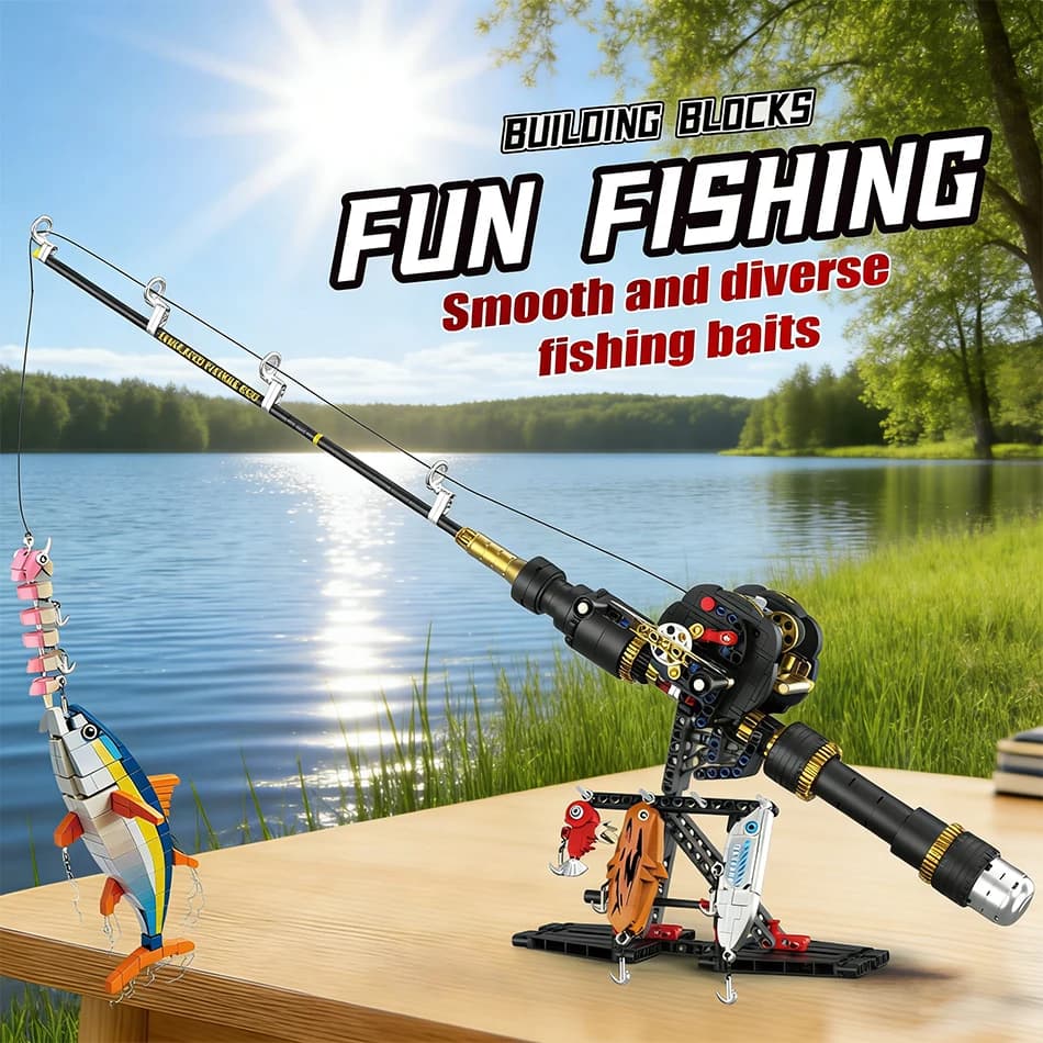 Set of MOC Construction Blocks for Trained Fishing Liner, Sea Fishing Equipment, Dogs, Hooks, baits, Accessories, Children's Toys Fishermen, Gifts