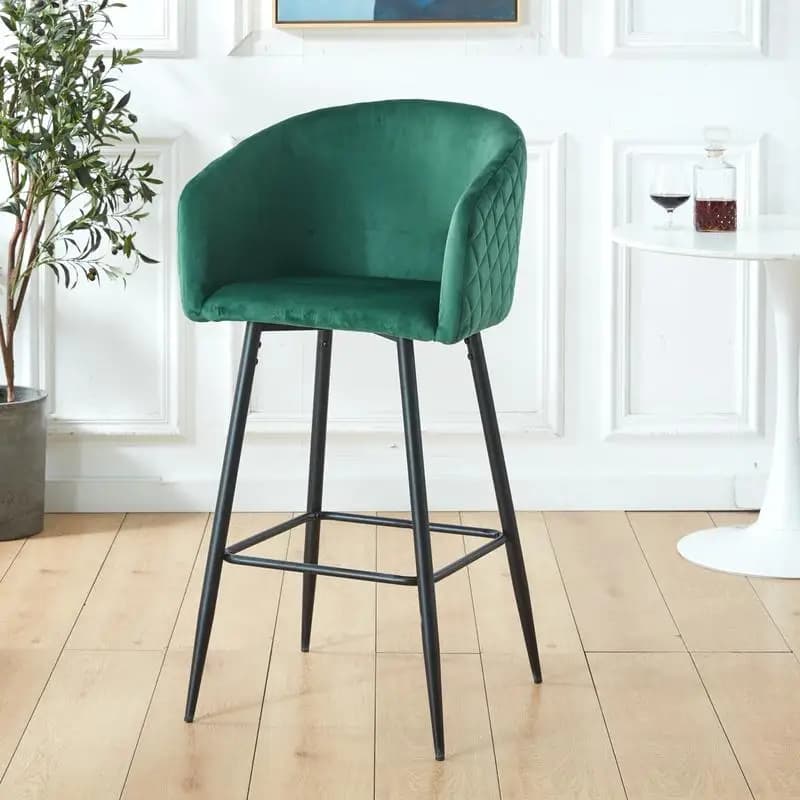 Set di 2 sgabelli da bar in velluto ad altezza bancone con gambe in metallo nero per pub, ristorante o isola della cucina - Verde
