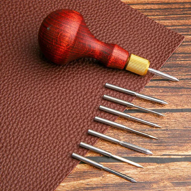 1Set DIY Leather Punch Awl Wood Handle Replaceable Needle Head Shoes Hand Leather Craft Punch Hole Stitcher Tool