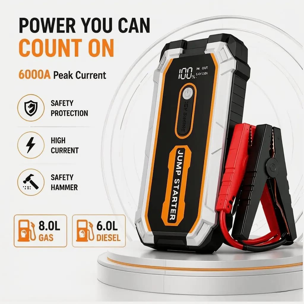 Portable 12V Car Jump Starter Power Pack – Compact Battery Booster for Gasoline & Diesel Vehicles, Includes Safety Jumper Cables, Built-in LED Lights, Fast Recharge Capability, and Dual-Fuel Capacity (Up to 2.11 Gallons Gas / 1.59 Gallons Diesel)