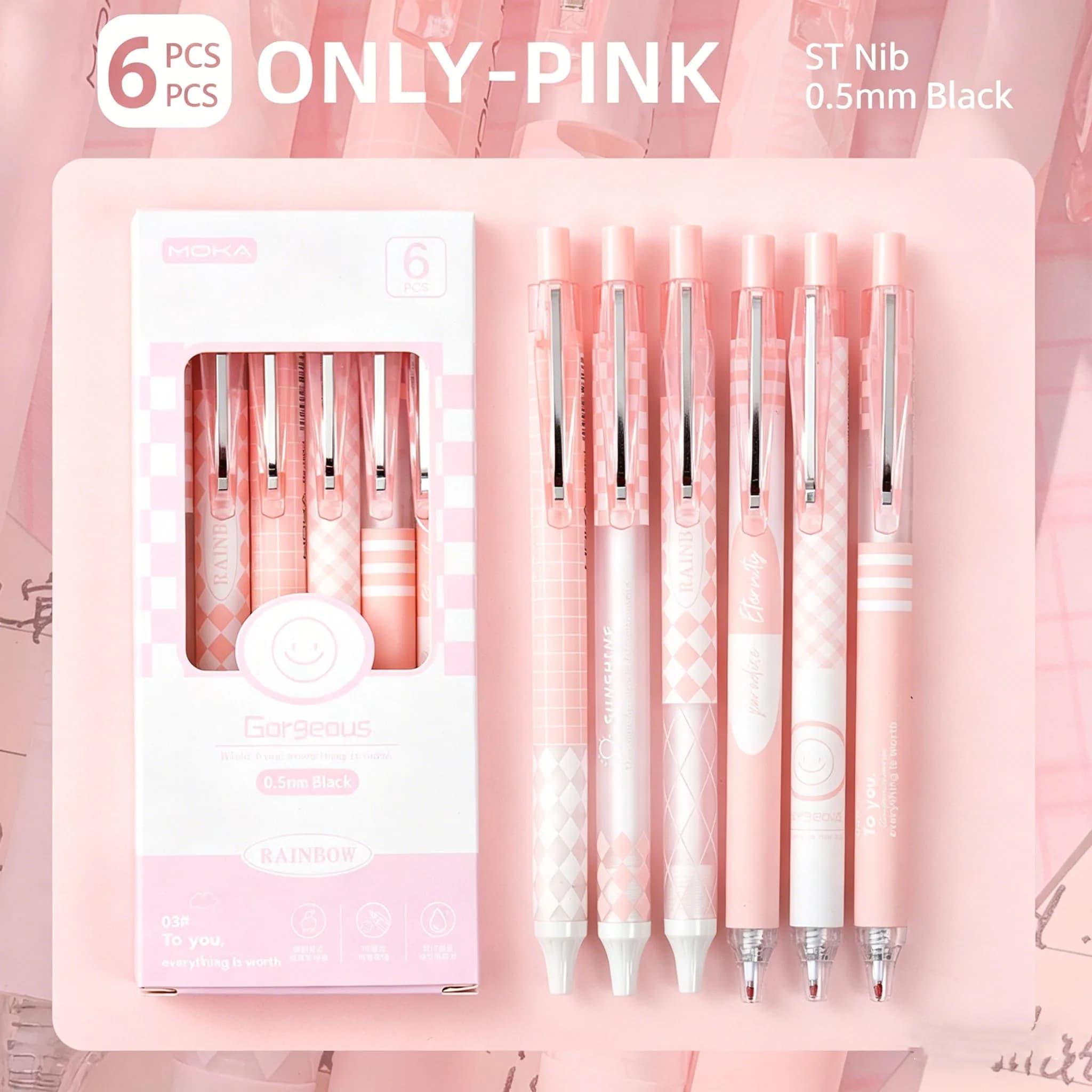 Set di 6 Penne Gel Rosa Estetiche, Punta ST 0.5mm Inchiostro Nero, Penne a Scatto Carine per Scuola e Ufficio, Scrittura Fluida