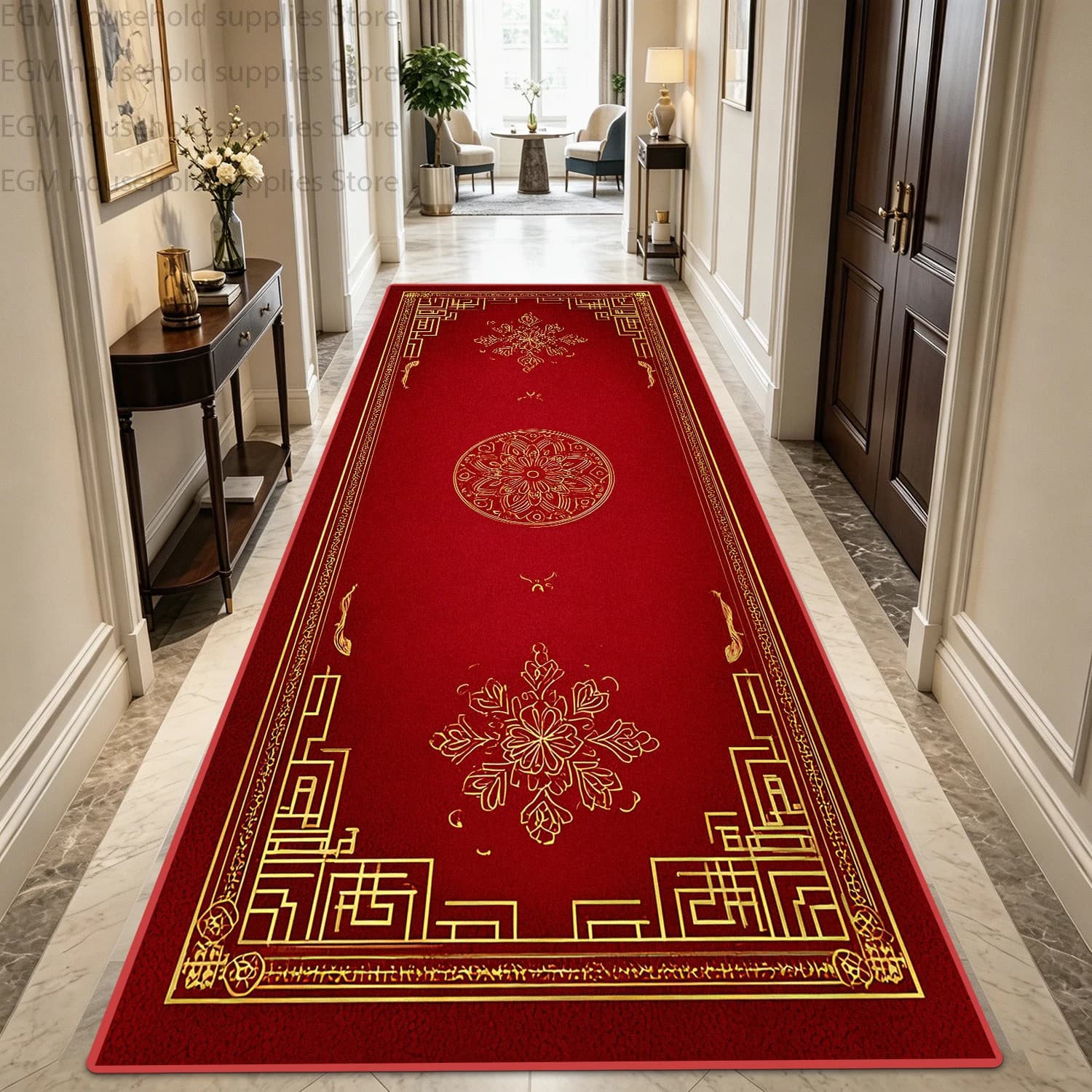 Classical Gold Red Carpet Hallway Decoration Non-slip Washable Long Runner Rug Corridor Stair Doorway Easy Clean Floor Mat Store