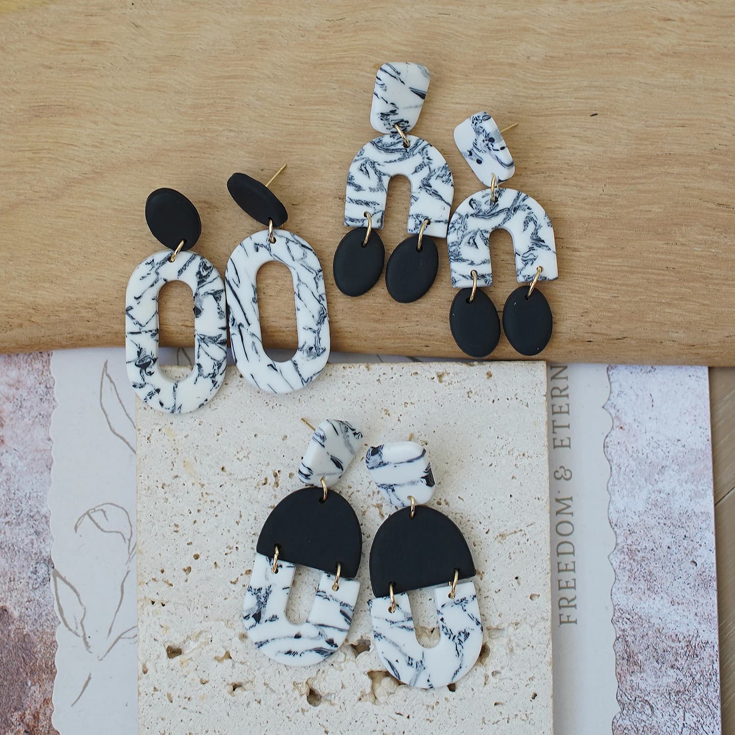 Trendy Fashion BlacknWhite Marble Pattern Ring Multi Dangles Polymer Clay Earrings Party Women's Accessories Daily Wear