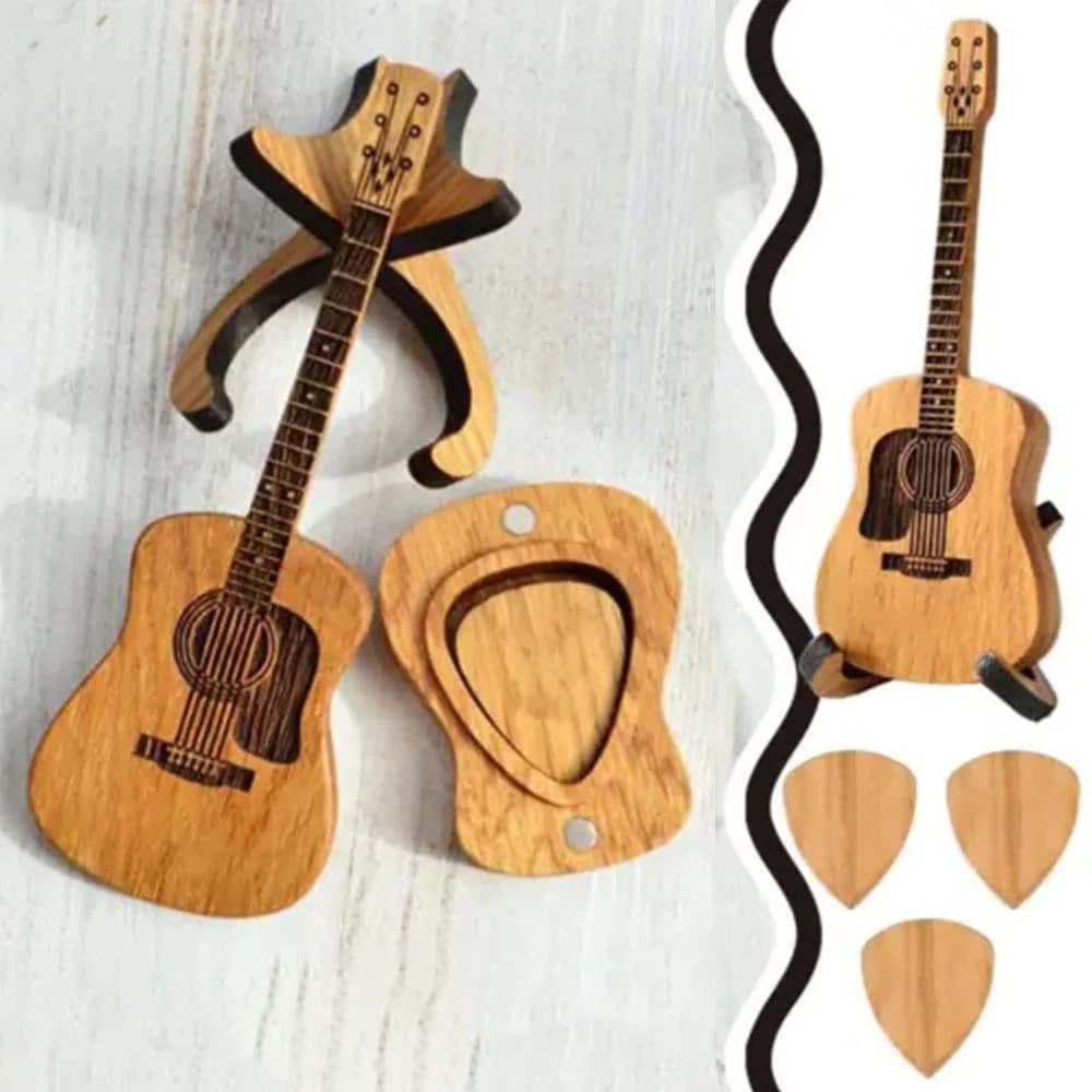 Scatola per plettro per chitarra in legno con supporto Porta plettro a forma di mini chitarra Nuovo porta plettro per chitarra in legno Decorazione unica per chitarra incisa
