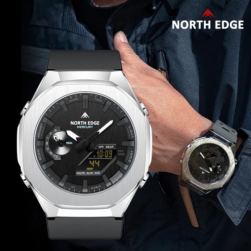 NORTH EDGE MERCURY Men's Military Watch Digital Sports Clock LED Wrist Watch for World Time Waterproof Man 50M