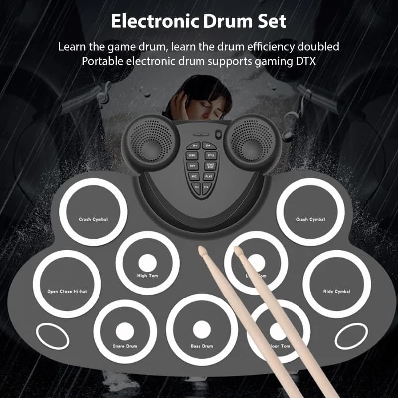 Batteria elettronica Set tamburo a rullo manuale con bacchette pedale 9 Pad doppio altoparlante supporta la connessione MIDI Gaming Pad Drum