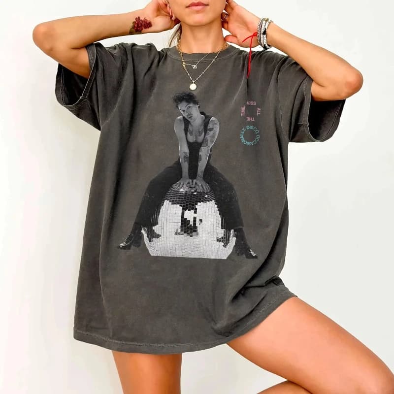 Summer round neck men's and women's oversized new T-shirt Harry Styles Kiss All Time Disco occasional album merchandise T-shirt
