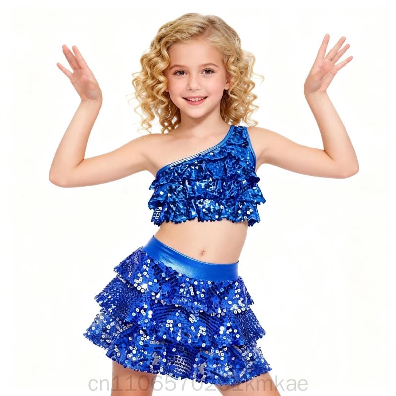 Completo da ballo jazz per ragazze, due pezzi, con paillettes lucide, top corto metallizzato e pantaloncini a gonna, costumi per feste