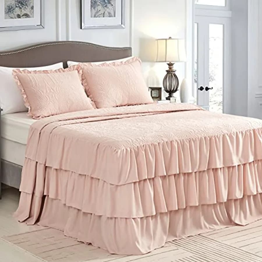 Copriletto con Volant Stile Shabby Chic - Lunghezza 30 Pollici, Copriletto Leggero a 3 Strati, Set di Biancheria da Letto Chic Rosa