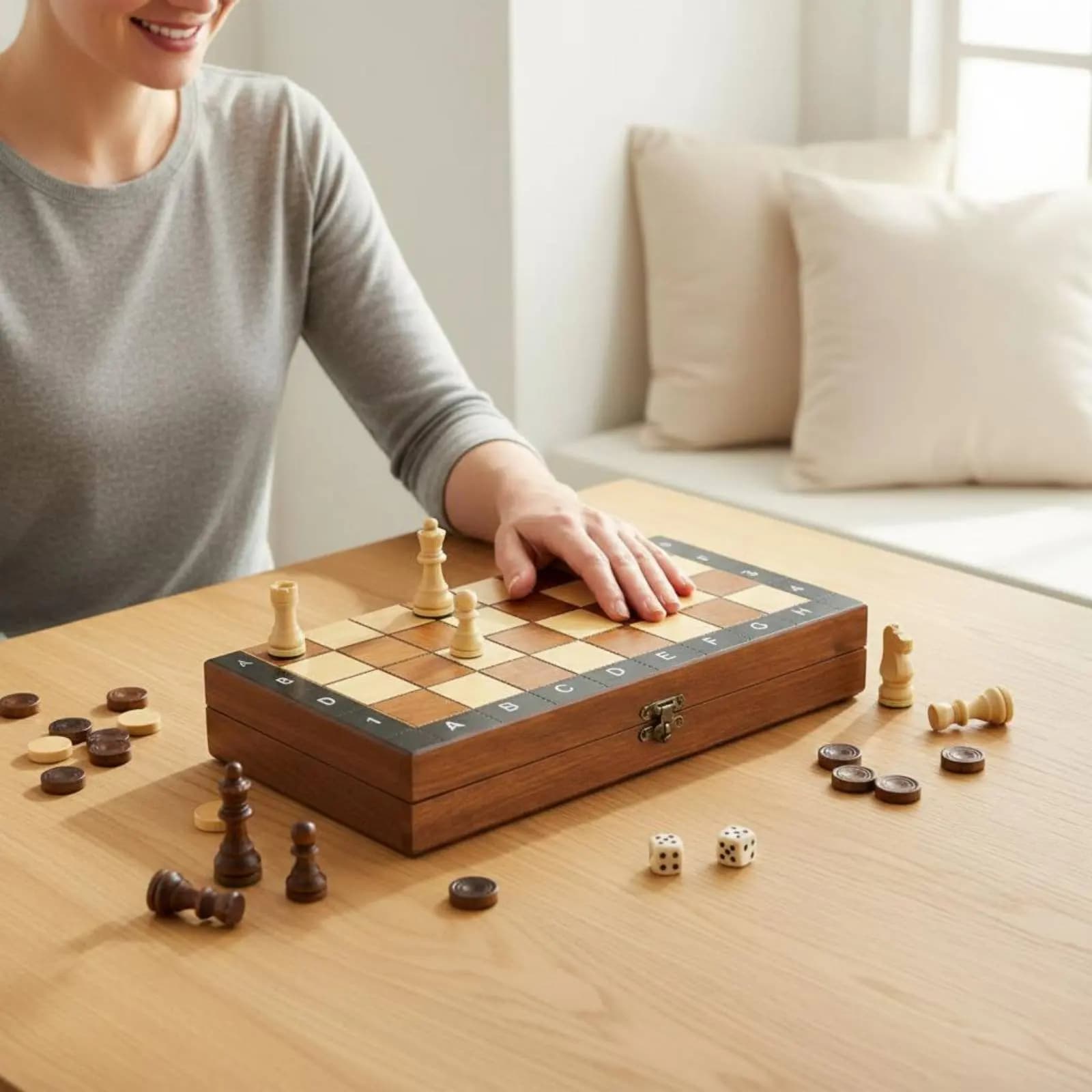 Wooden 3-in-1 Game Box Rectangular 3 in 1 Wooden Chess Set Folding Chess Set Foldable Portable