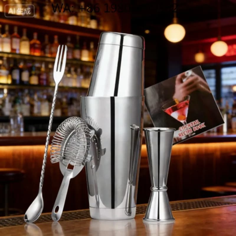 6Pcs Minimal Modern Eco Friendly Barware Kit 750ml Boston Cocktail Shaker Jigger Strainer Fork Spoon Stainless Steel For Wine Ba